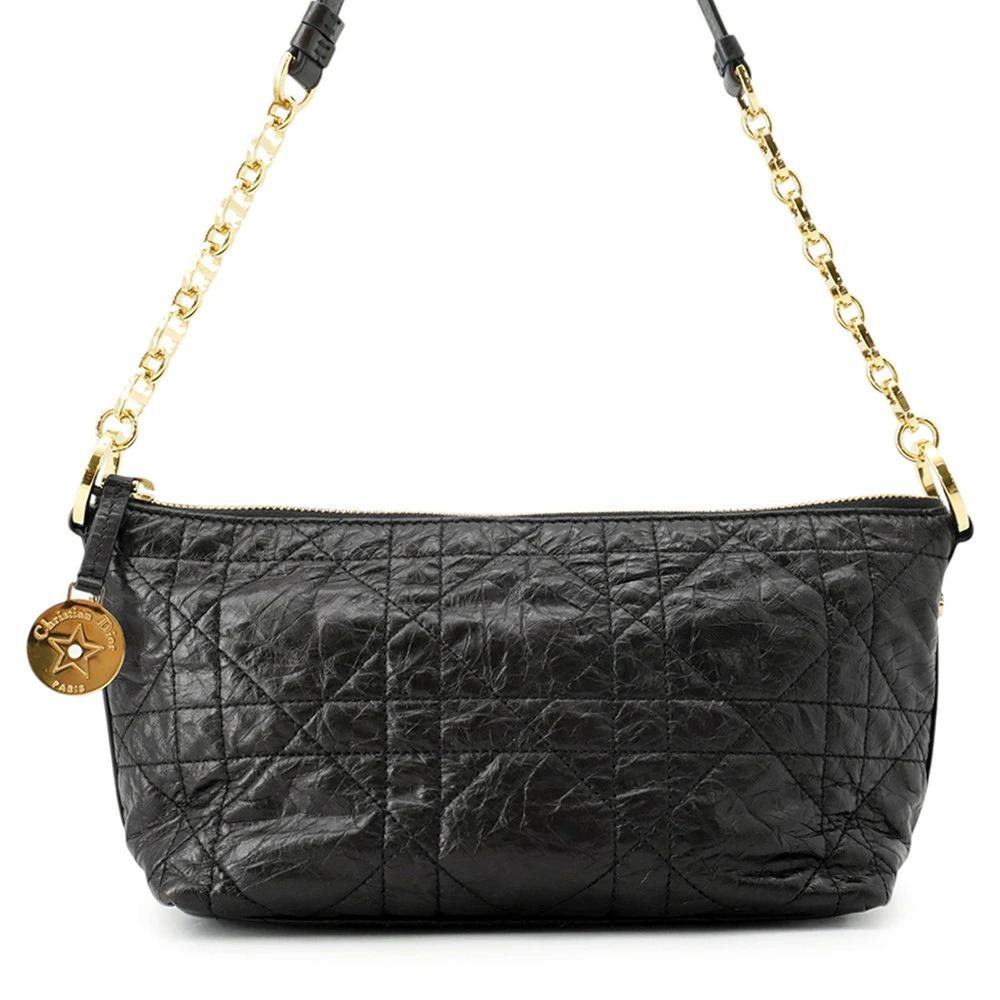 Christian Dior Shoulder Bag Cannage Hobo Crinkled Calfskin Black